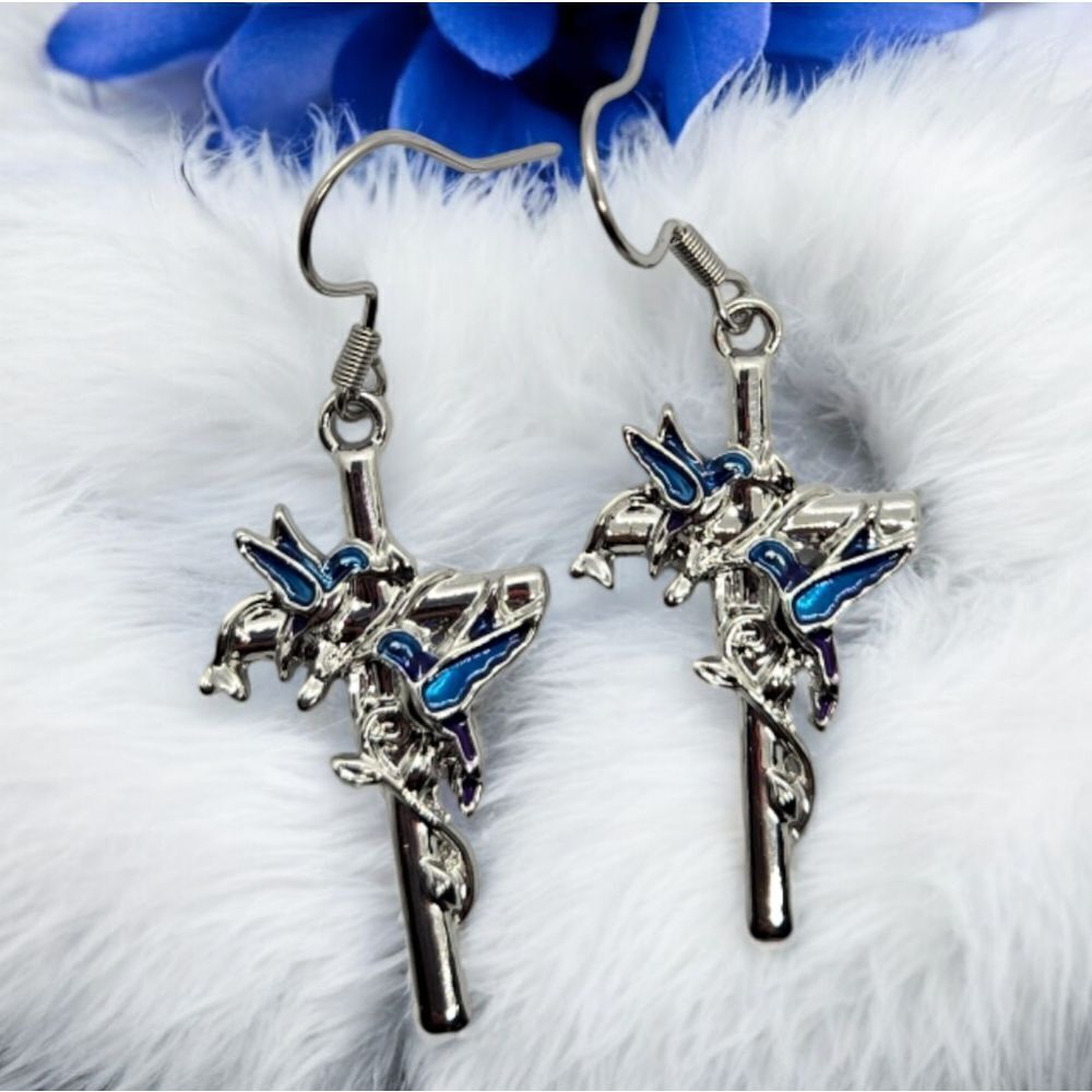 Hummingbird Blue Bird Silver Cross Earrings Good Luck Pendant Get Well Jewelry